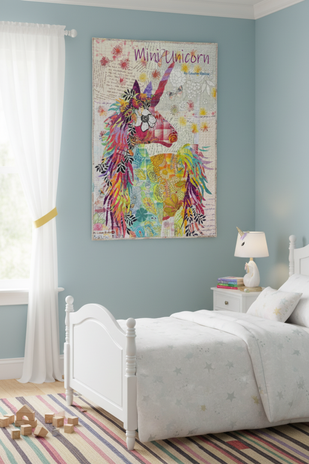 Colorful unicorn illustration on a textured background with 'Mini Unicorn' text.