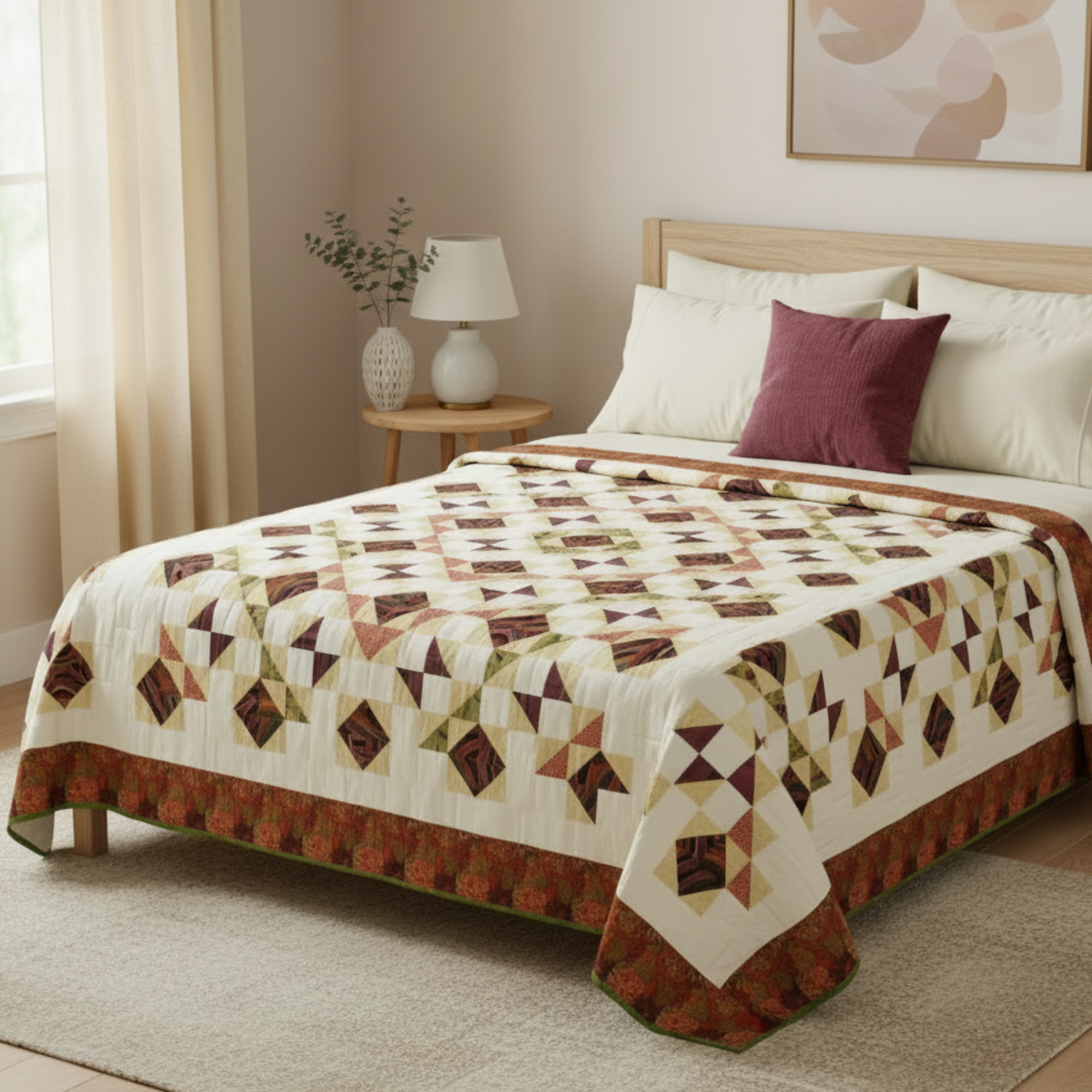 Quilt with geometric pattern and colorful border on a white background