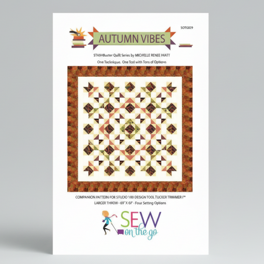 Quilt pattern cover with autumn-themed design and 'Sew on the Go' branding.