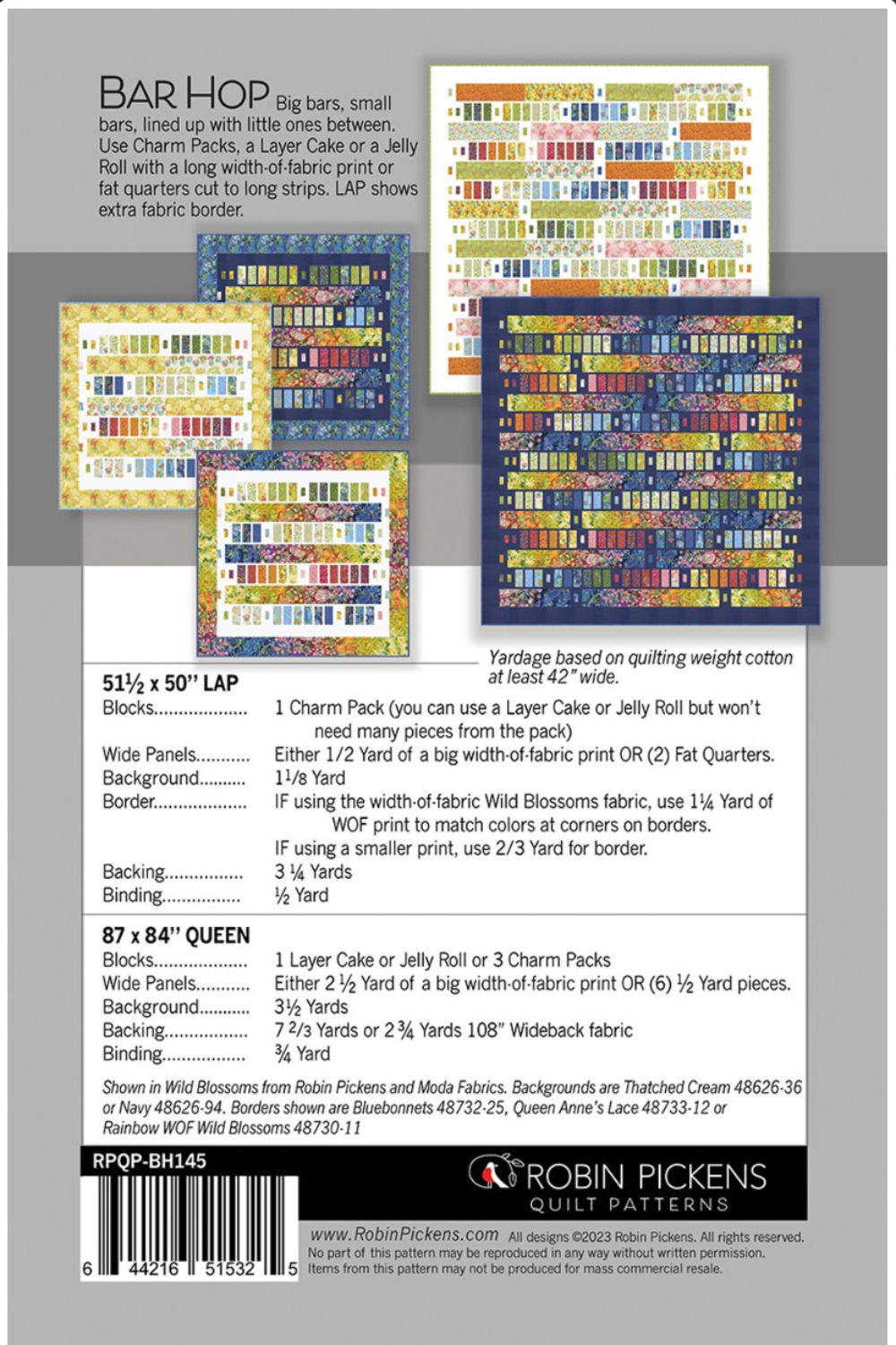 Quilt pattern packaging with fabric swatches and dimensions