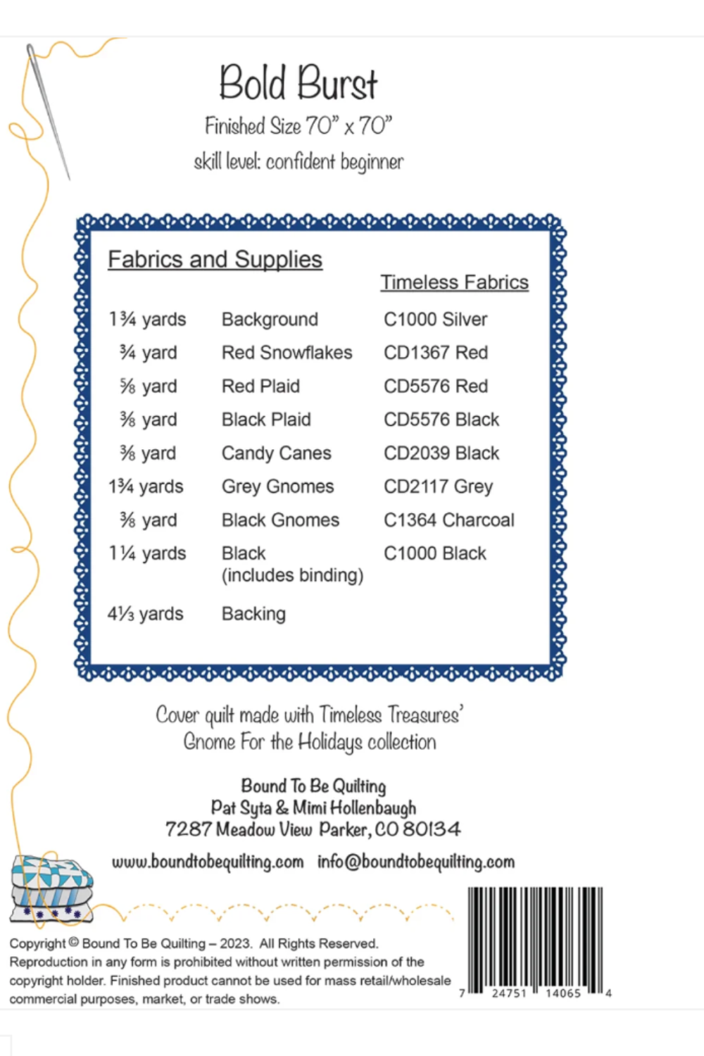 Fabric requirements and supplies list for a quilt project titled 'Bold Burst' by Timeless Treasures.