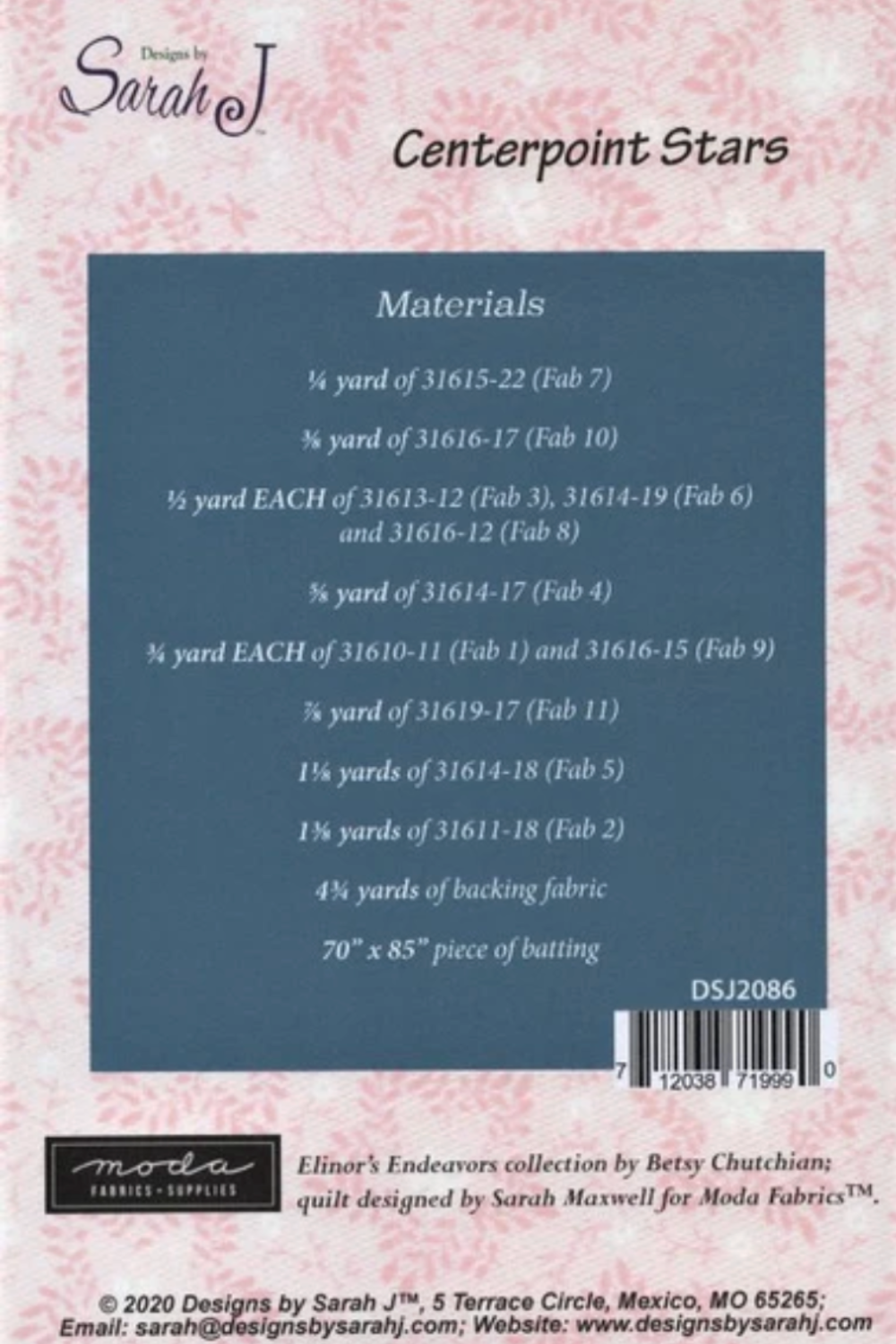 Fabric pattern with material requirements for 'Centerpoint Stars' design by Sarah J.