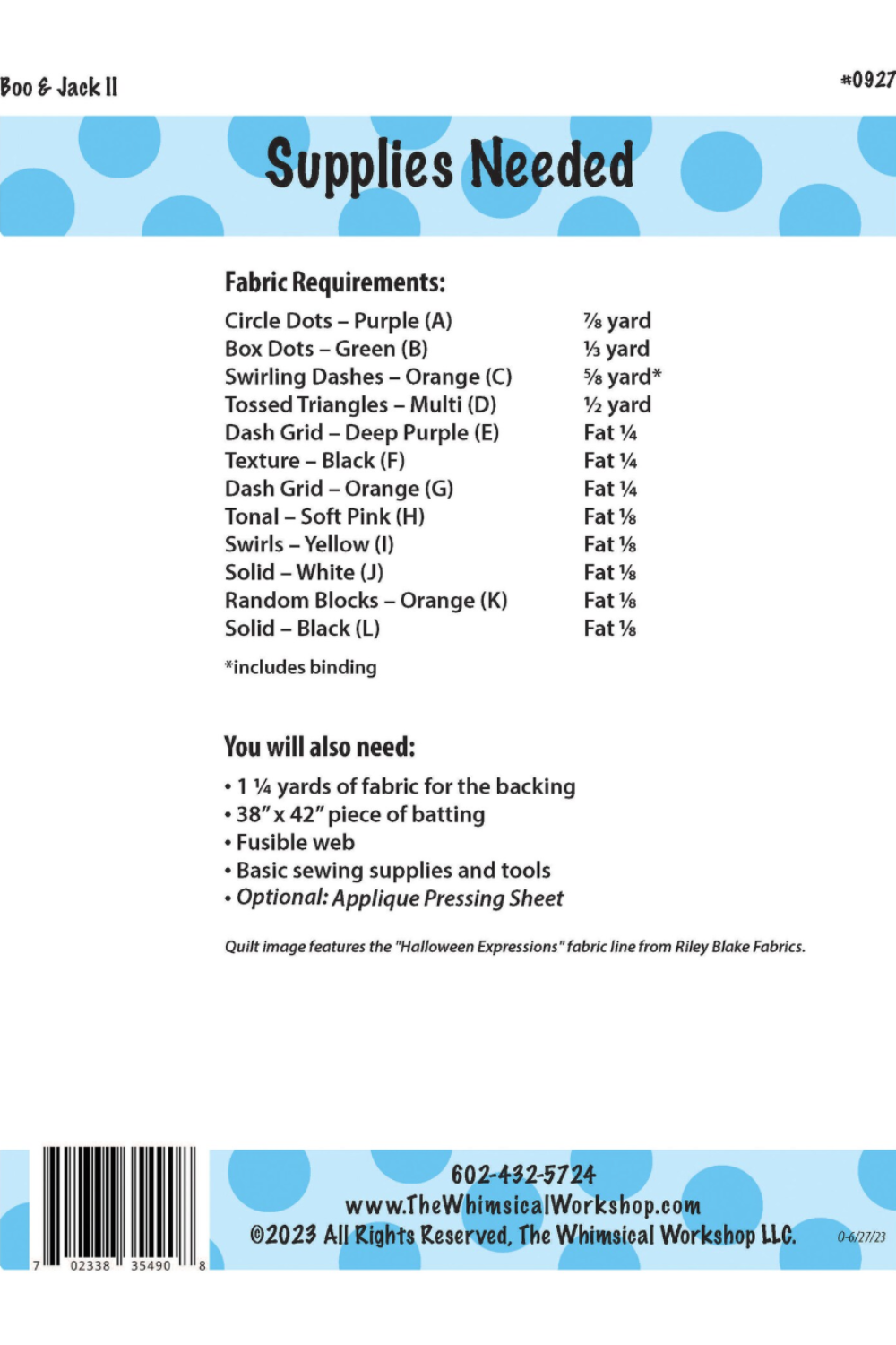 Fabric requirements list for a sewing project with blue polka dot border