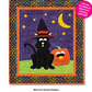 Quilt pattern featuring a black cat, witch hat, and pumpkin with text about Boo & Jack II design.