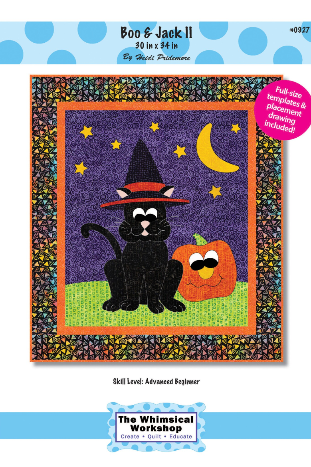 Quilt pattern featuring a black cat, witch hat, and pumpkin with text about Boo & Jack II design.