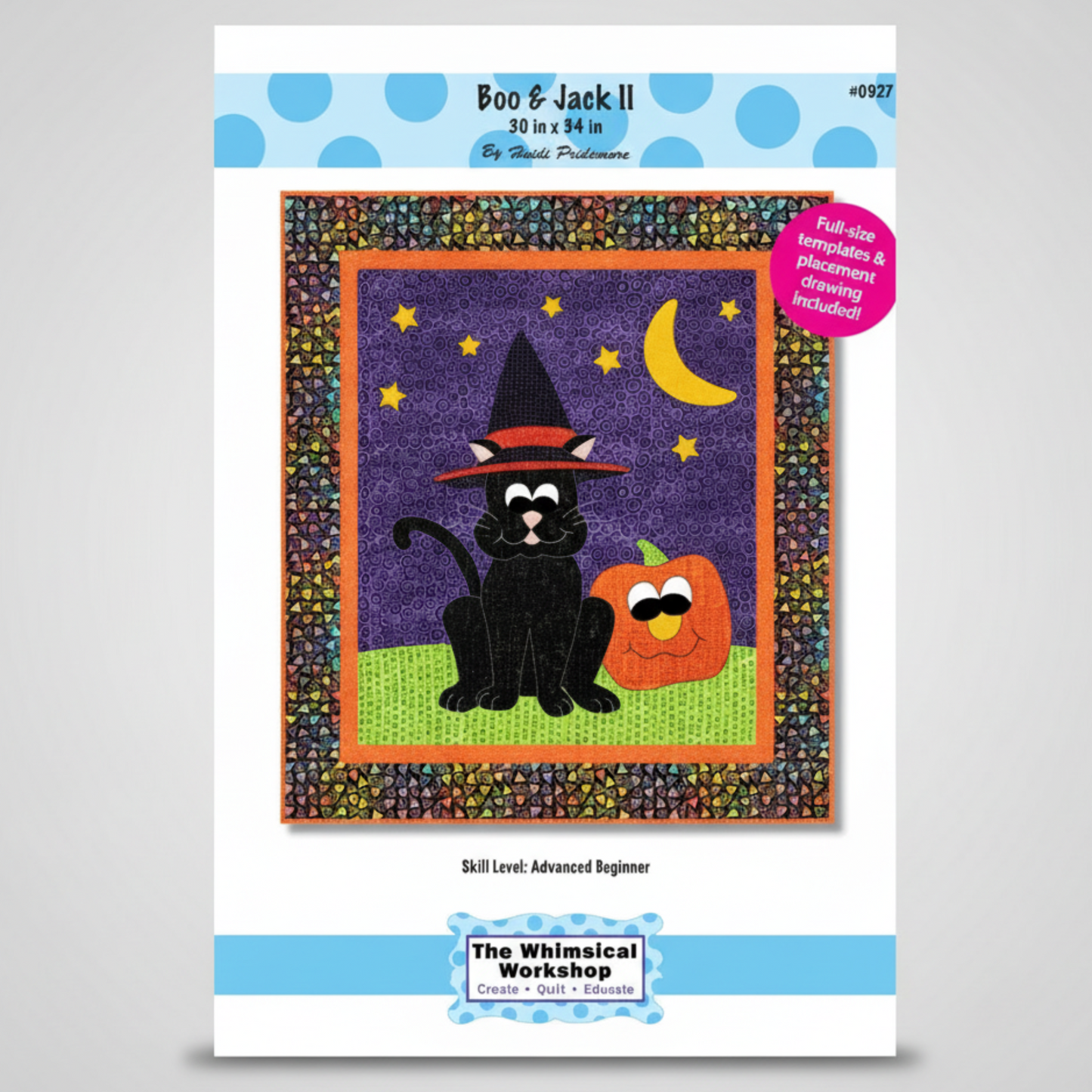 Halloween-themed quilt pattern with a black cat, witch hat, and pumpkin on a white background.