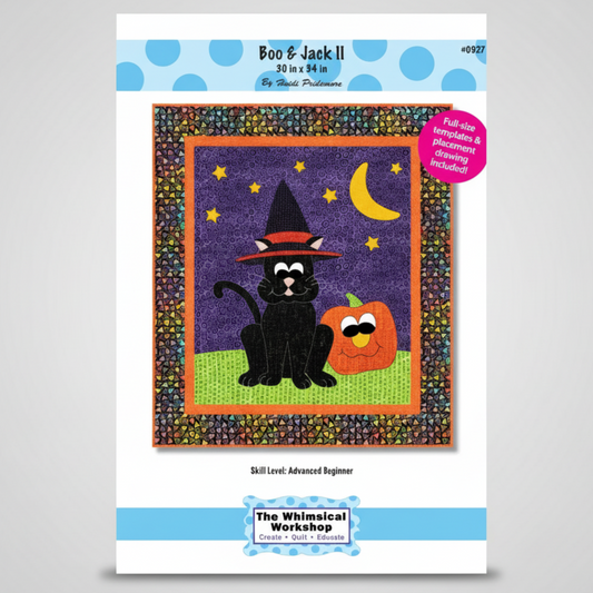 Halloween-themed quilt pattern with a black cat, witch hat, and pumpkin on a white background.