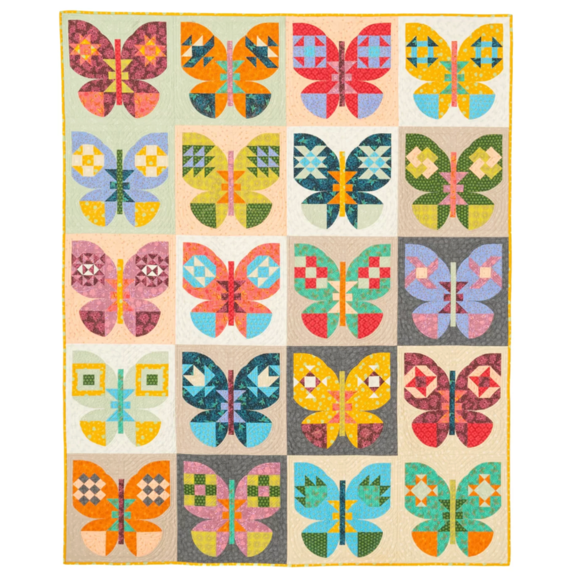 Quilt with colorful butterfly patterns on a beige background