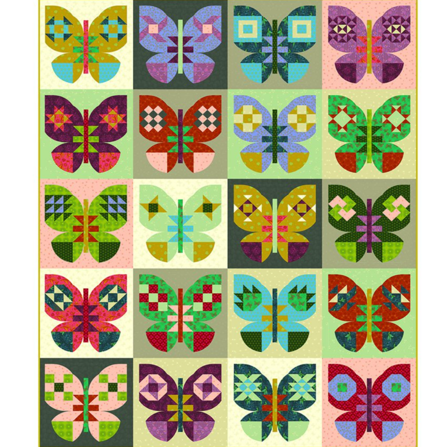 Patterned fabric with colorful butterfly designs on a grid background