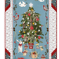 Decorative panel with a Christmas tree design featuring ornaments, presents, and animals on a blue background.