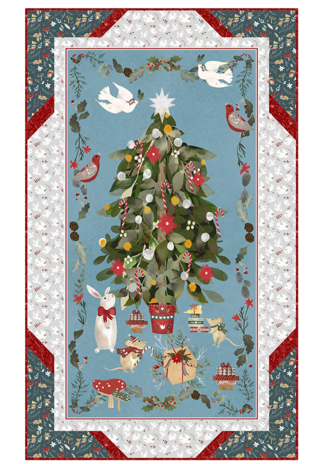 Decorative panel with a Christmas tree design featuring ornaments, presents, and animals on a blue background.