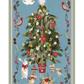 Decorative rug with Christmas tree, birds, and animals on a blue background