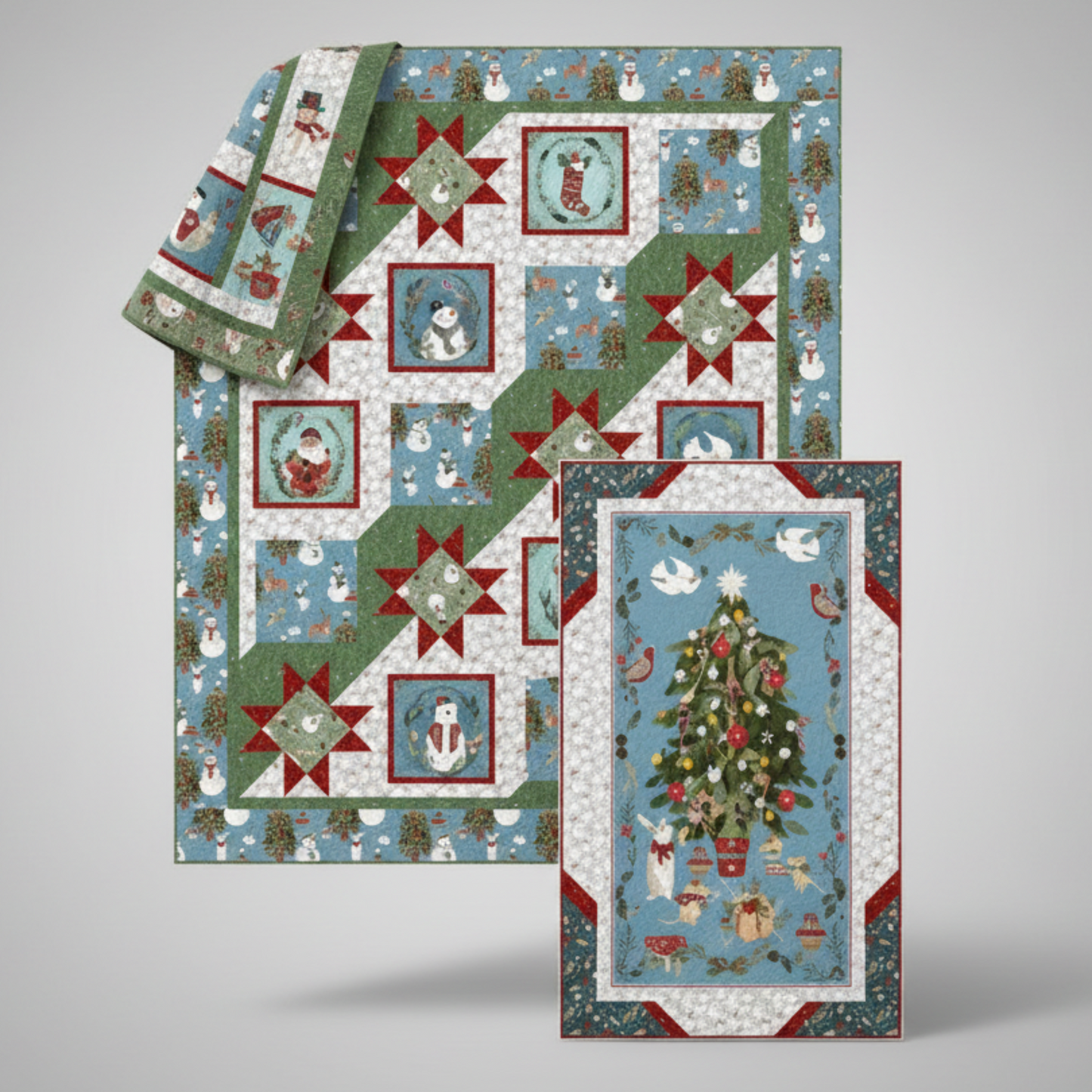 Christmas-themed quilt pattern with star designs and a tree, featuring Pine Tree Country Quilts branding.