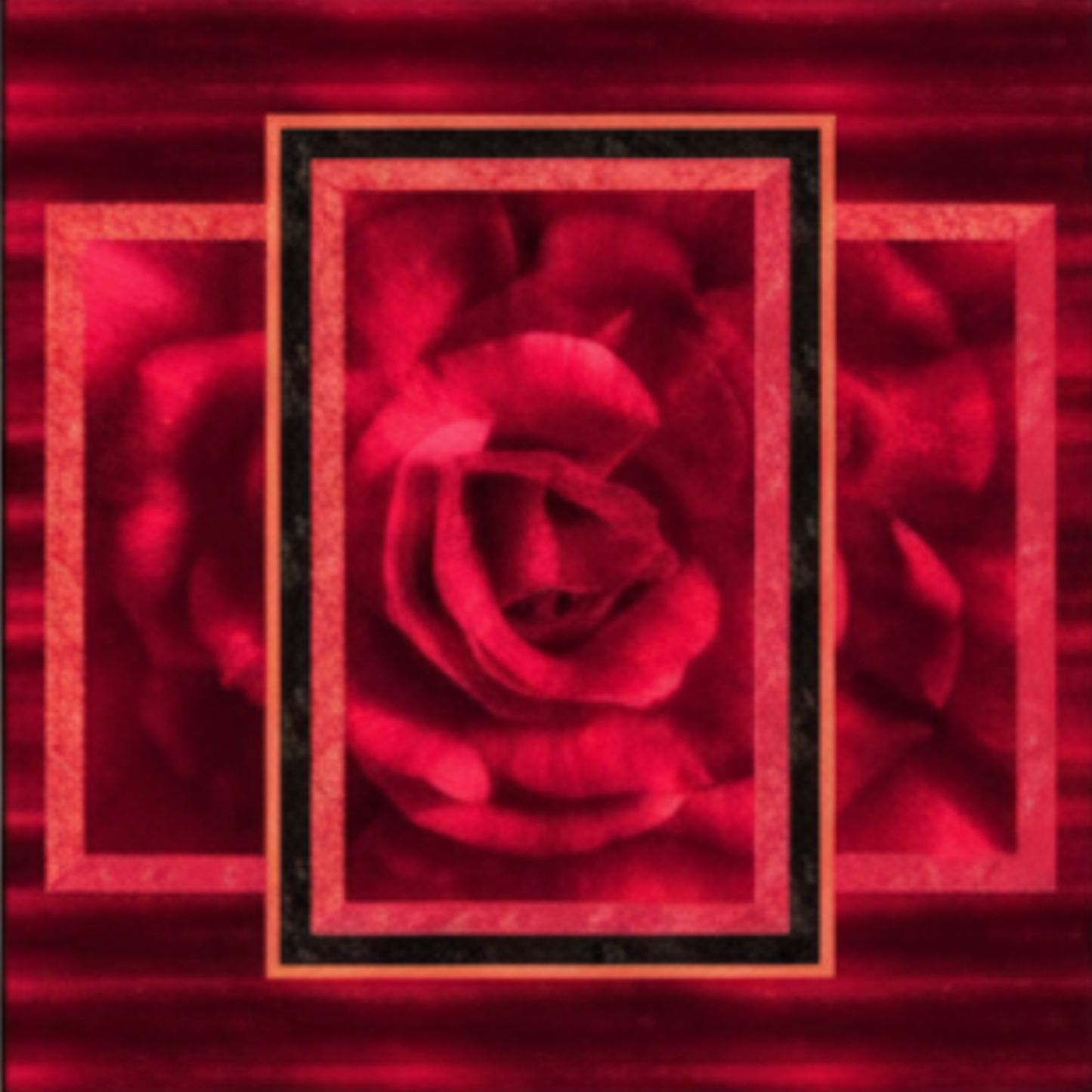 Fabric pattern with red rose design on a white background, featuring 'Colorful Silence' by Hoffman.