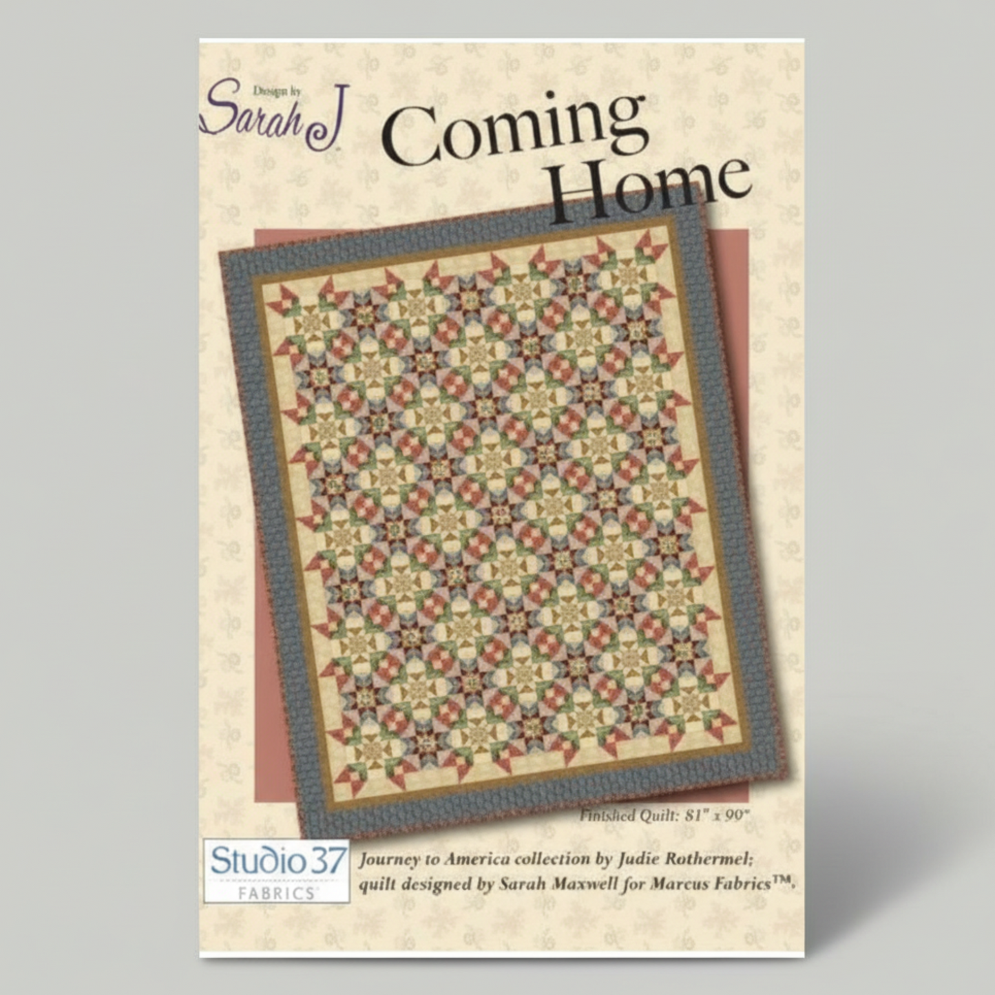 Quilt pattern book titled 'Coming Home' by Sarah J with a quilt design on the cover.