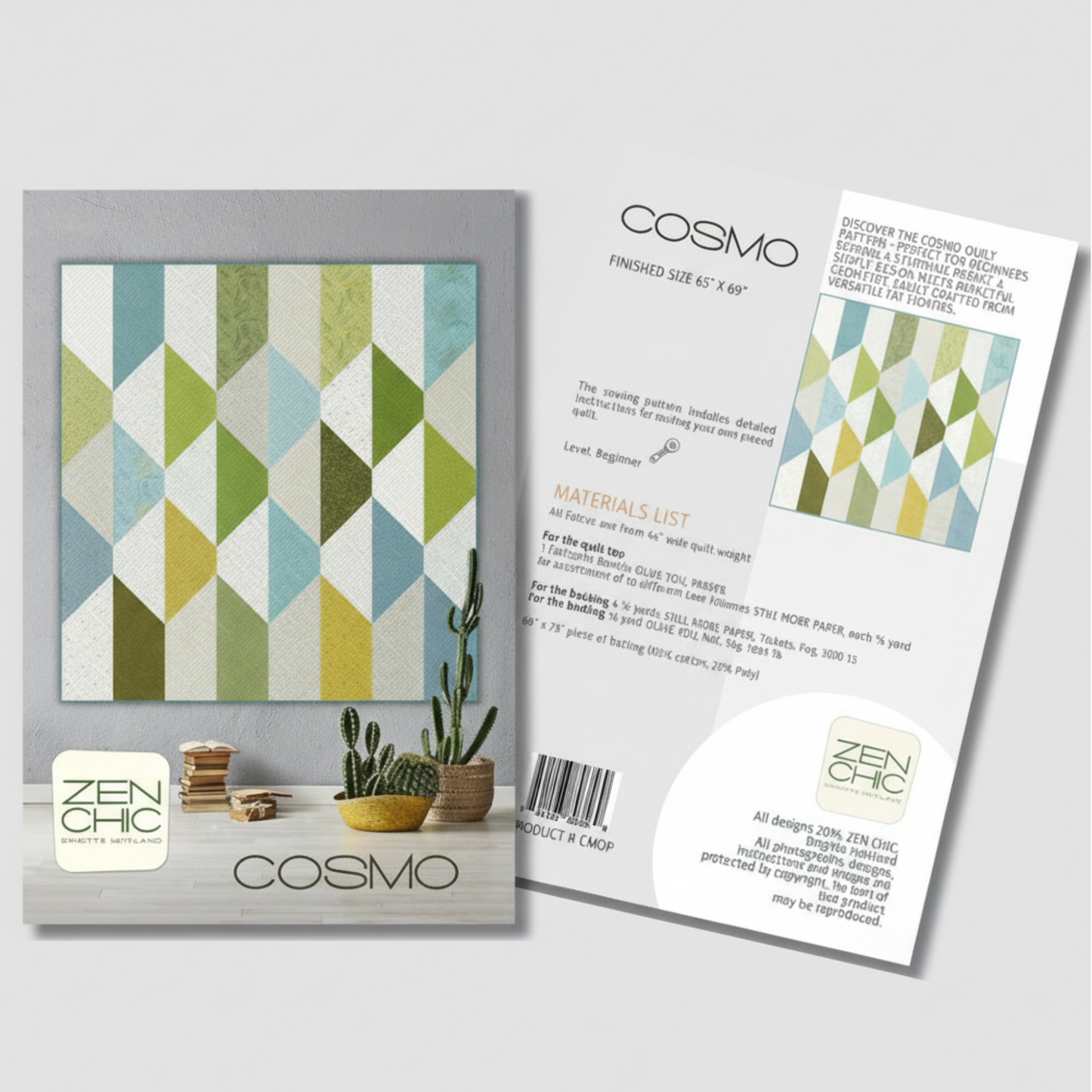 Cosmo fabric pattern with packaging and materials list on a white background