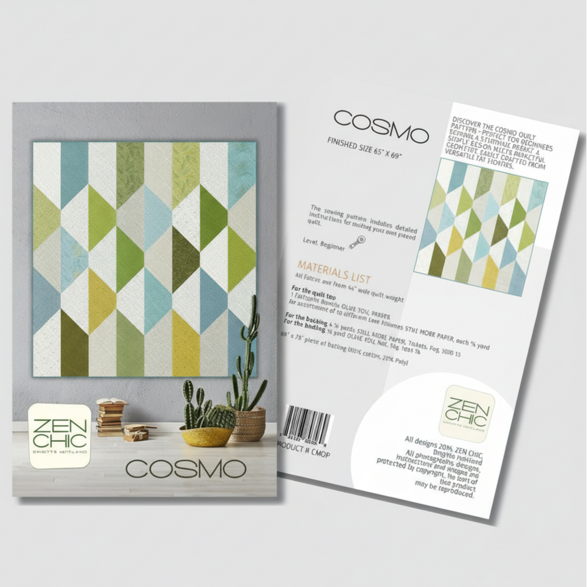 Cosmo fabric pattern with packaging and materials list on a white background