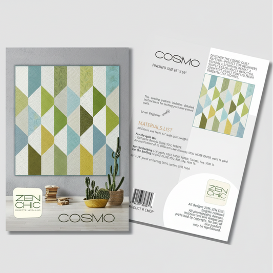 Cosmo fabric pattern with packaging and materials list on a white background