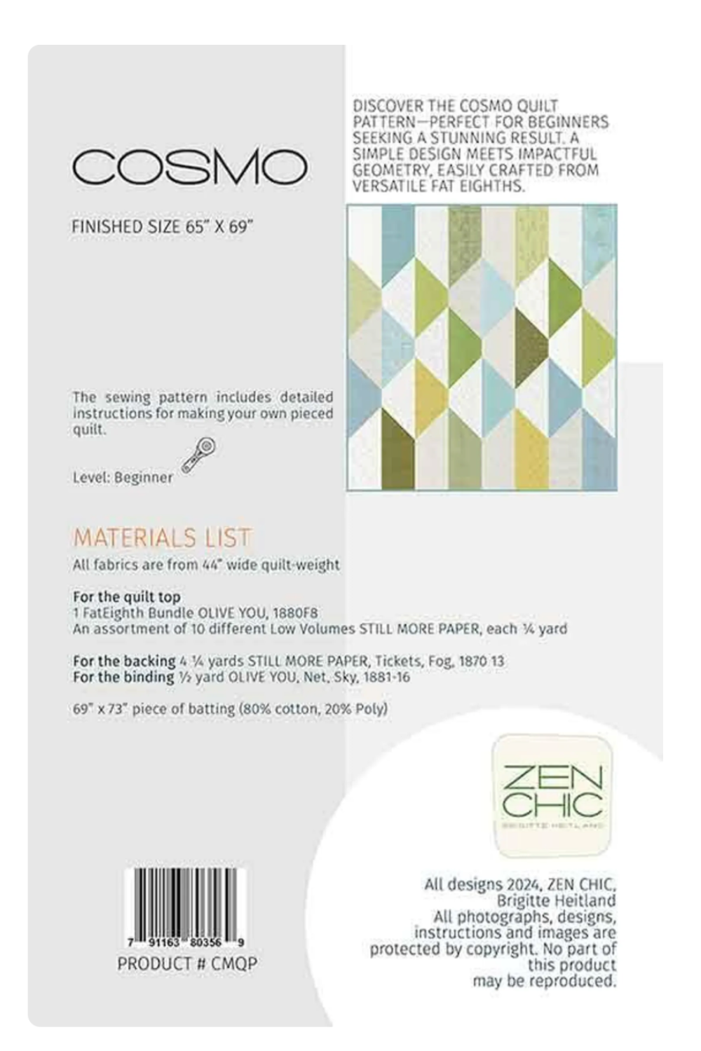 Cosmo quilt pattern packaging with geometric quilt design and Zen Chic branding.