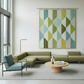 Modern living room with a geometric patterned wall hanging