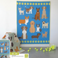 Sampler quilt pattern for 'Dog Park' with illustrations of dogs on a blue background.