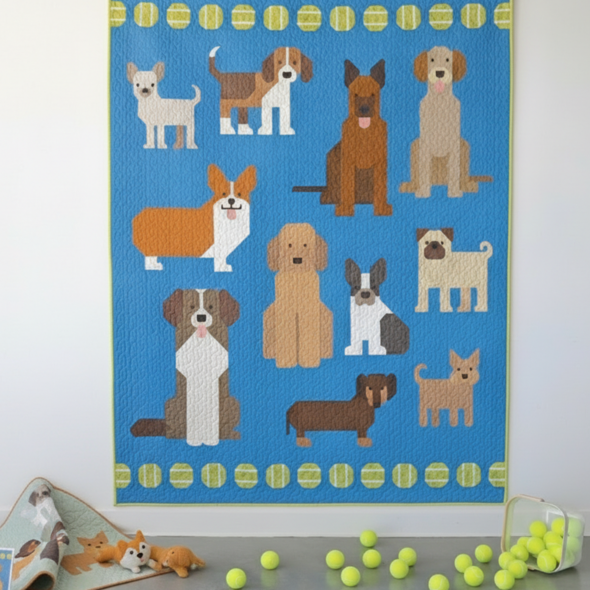 Wall tapestry with illustrations of dogs on a blue background