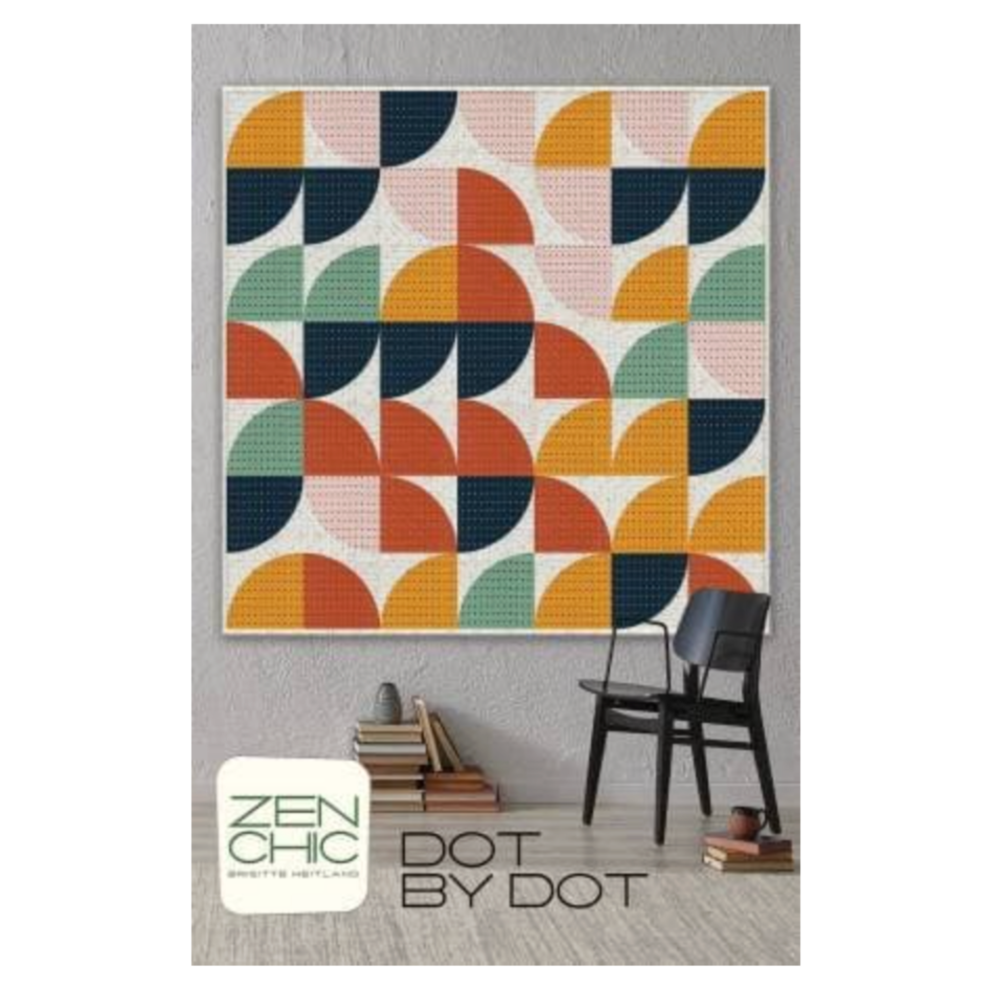 Colorful geometric patterned wall art with 'Zenchic' branding on a gray wall.