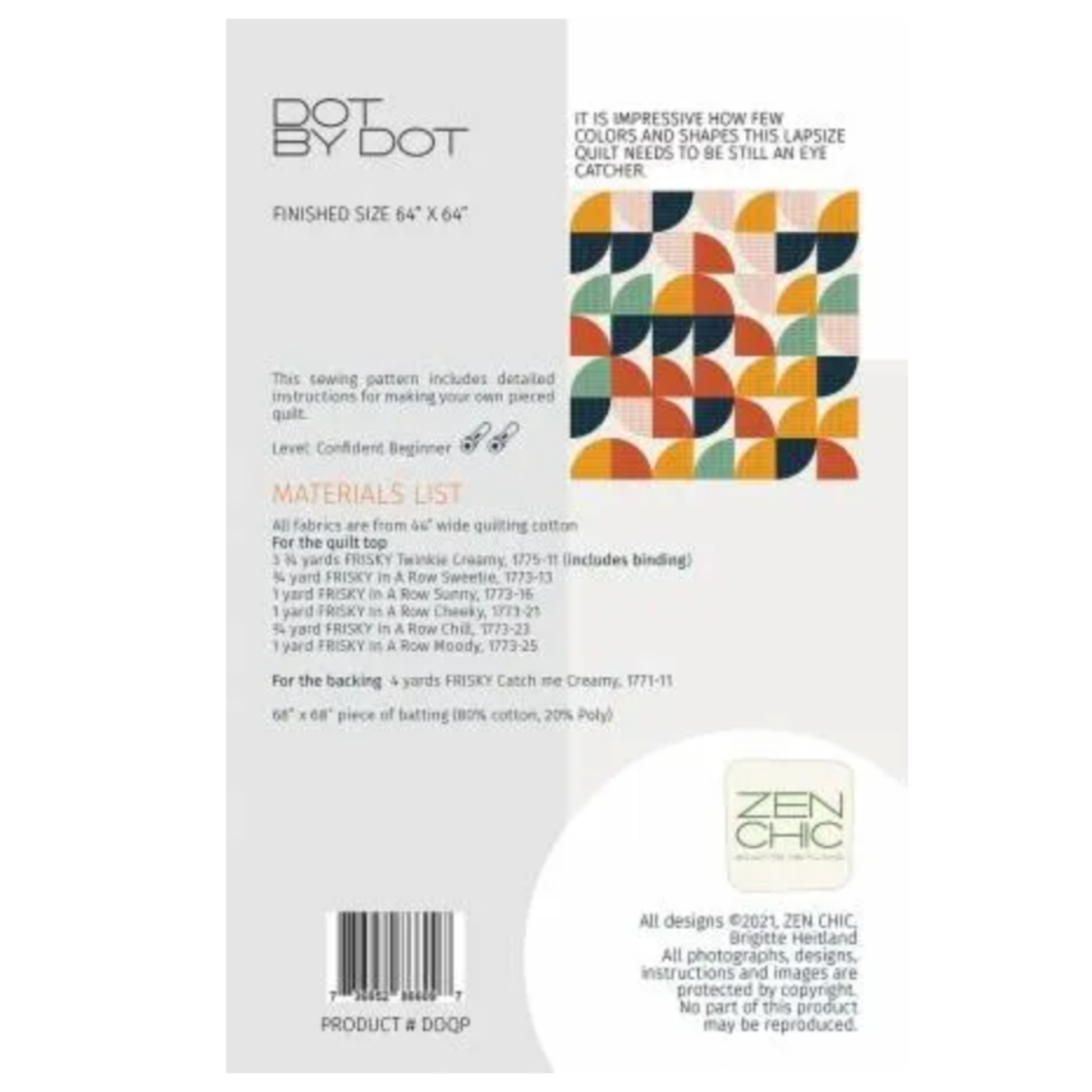 Dot by Dot quilt pattern packaging with geometric design and Zen Chic branding.