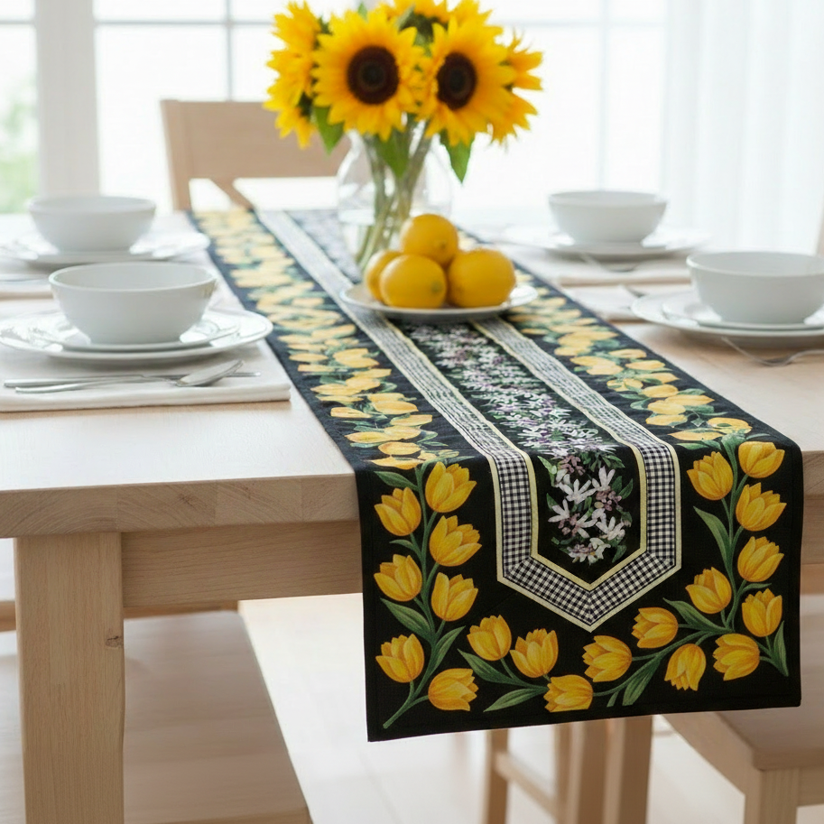 Table setting with a decorative table runner featuring yellow tulips on a wooden table.