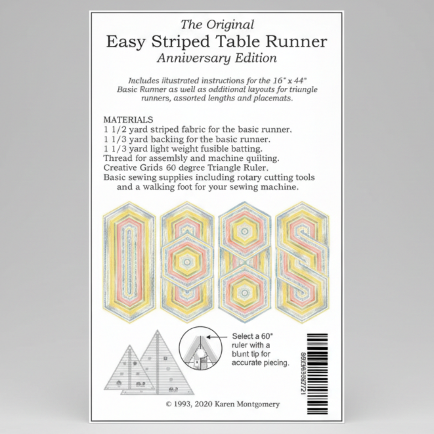 Instructional book cover for 'The Original Easy Striped Table Runner' with pattern illustrations and text.