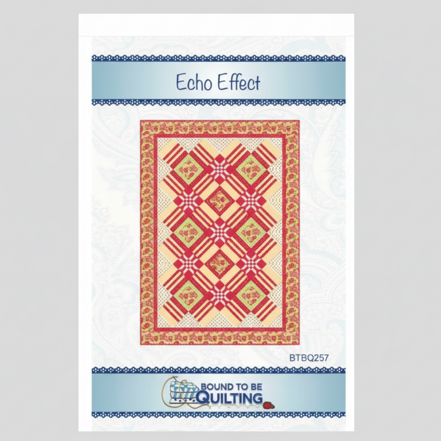 Quilt pattern with 'Echo Effect' text and 'Bound to be Quilting' logo on a white background