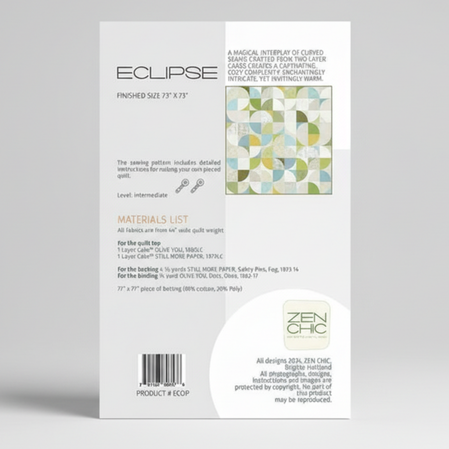 Eclipse sewing pattern book with quilt design on a blurred background