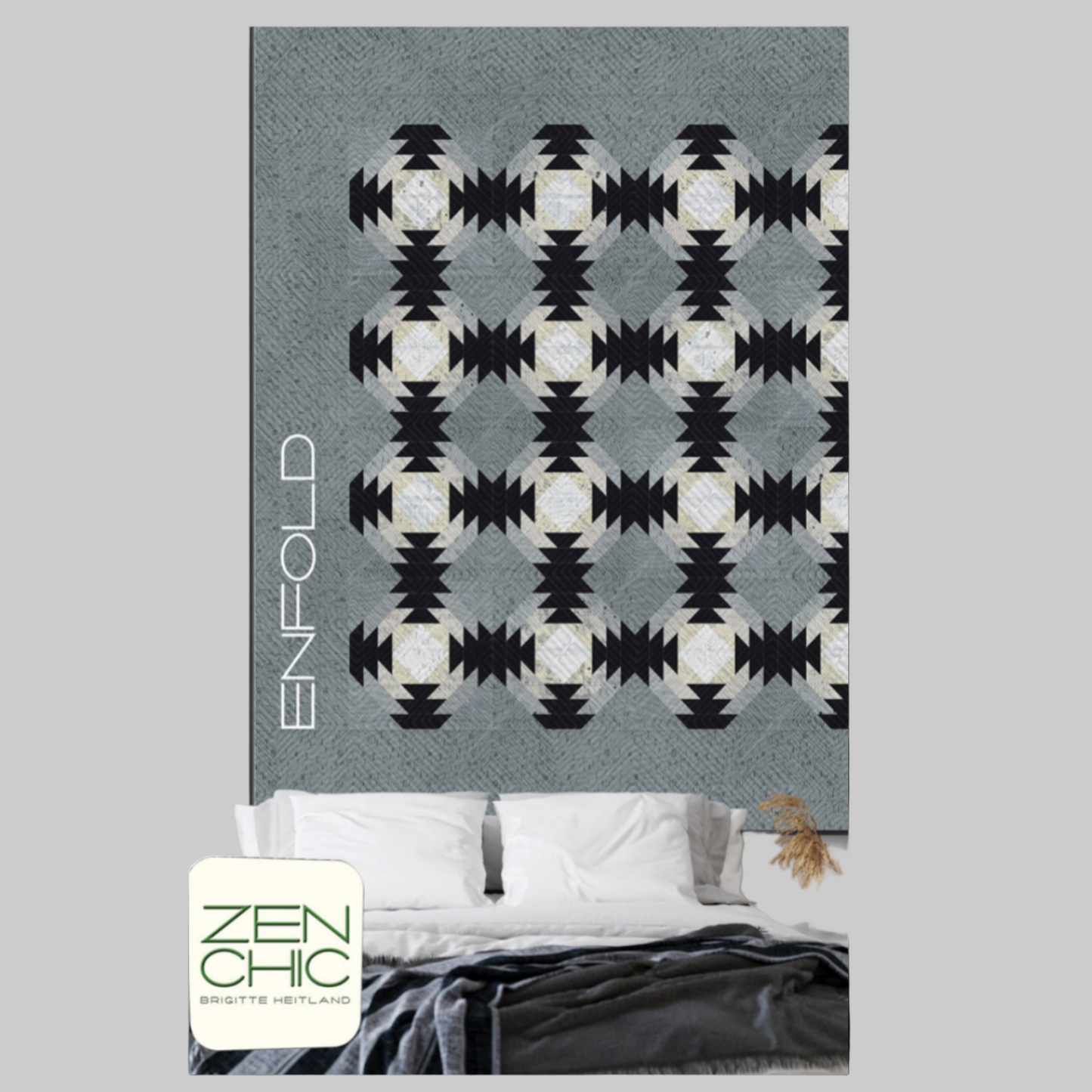 Patterned blanket with 'Enfold' branding on a bed in a bedroom setting.