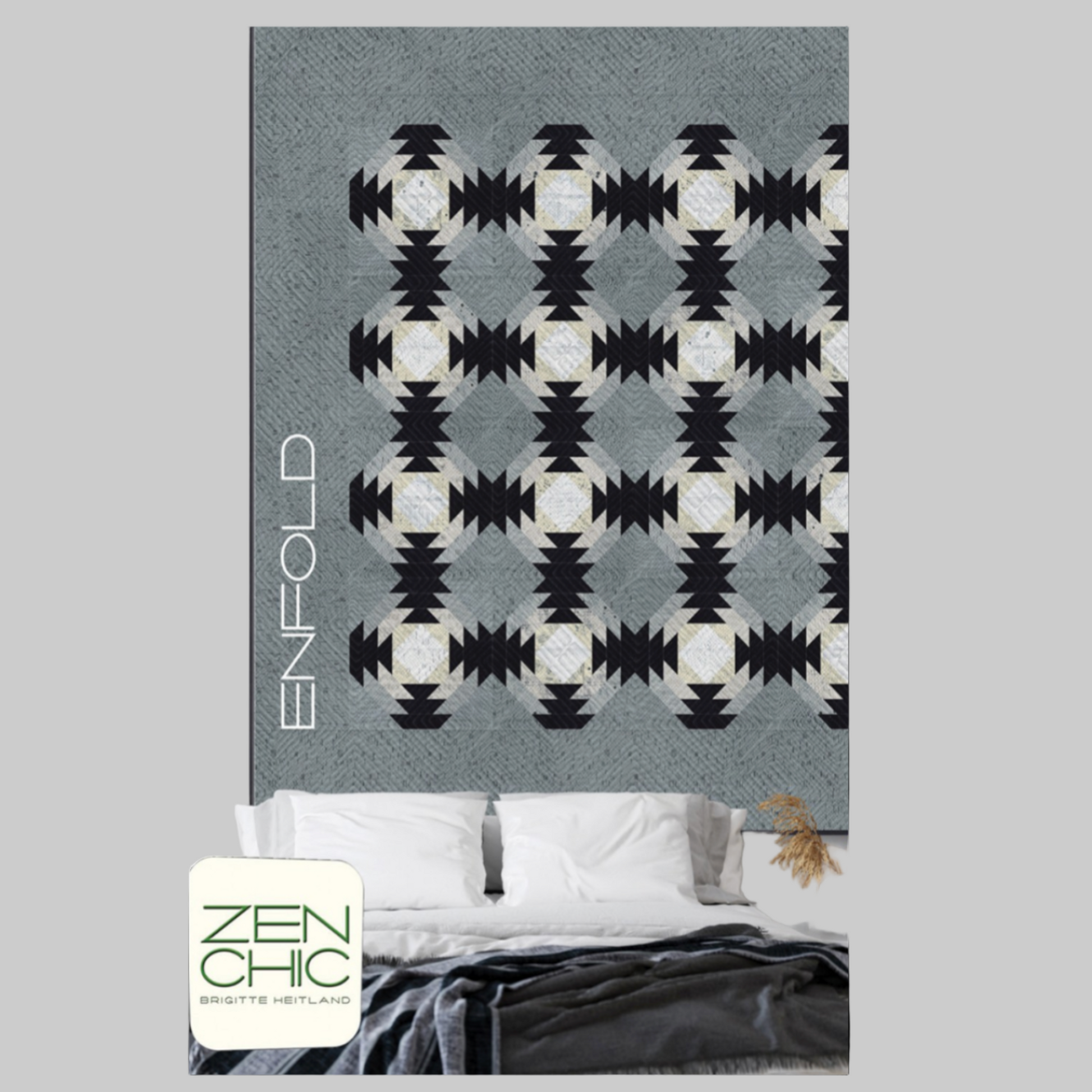 Patterned blanket with 'Enfold' branding on a bed in a bedroom setting.