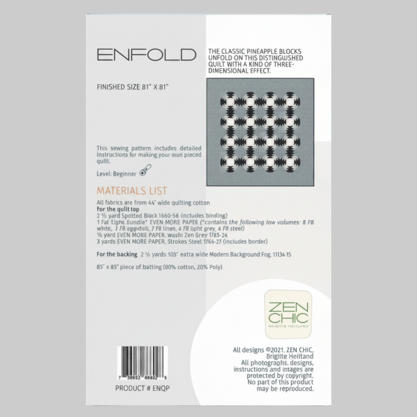 Enfold sewing pattern packaging with quilt design and text on a white background