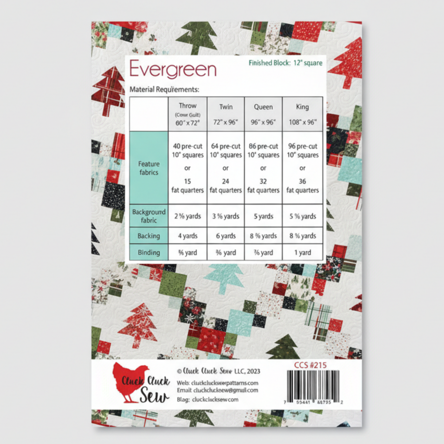 Quilt pattern book cover with Christmas tree design and fabric requirements chart.