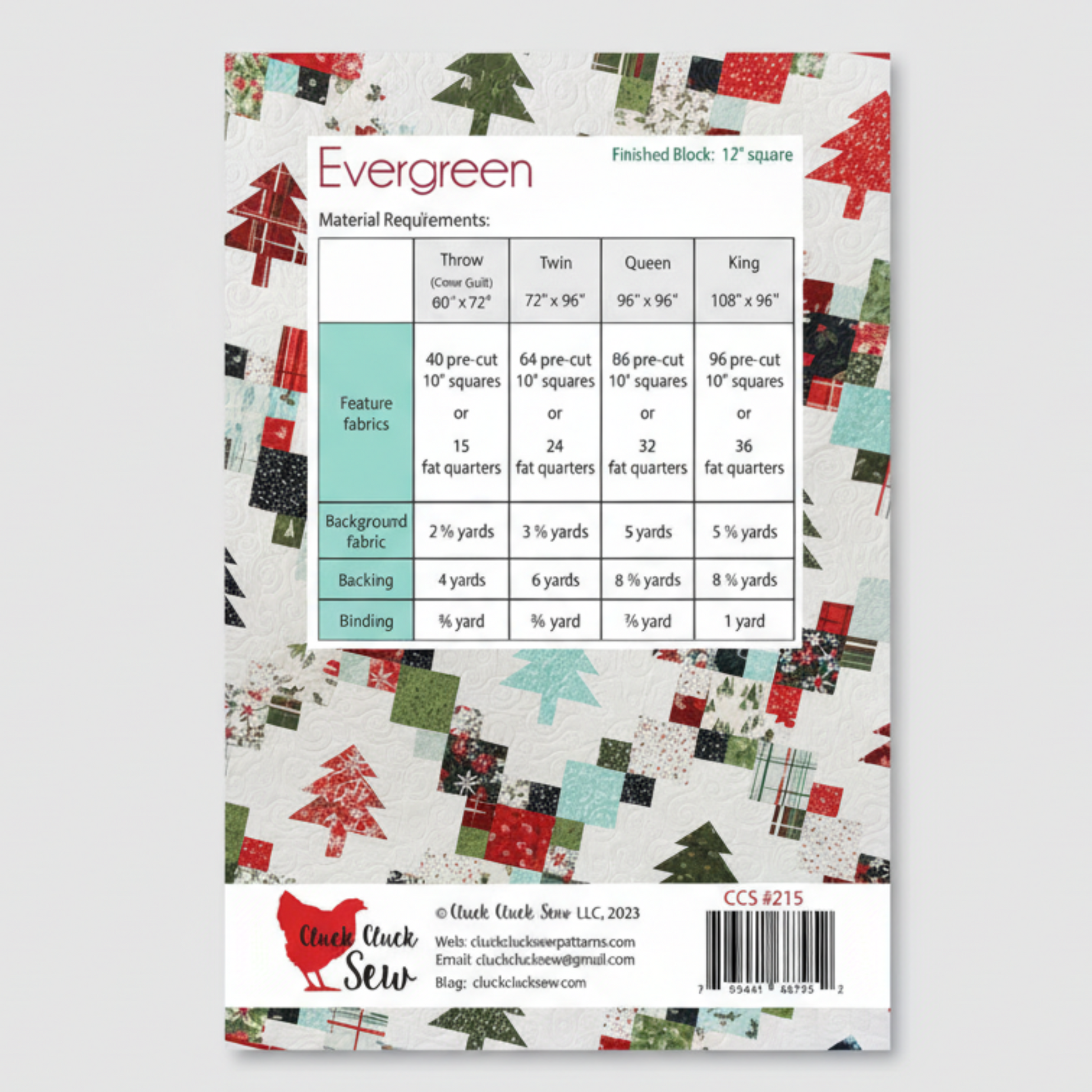 Quilt pattern book cover with Christmas tree design and fabric requirements chart.