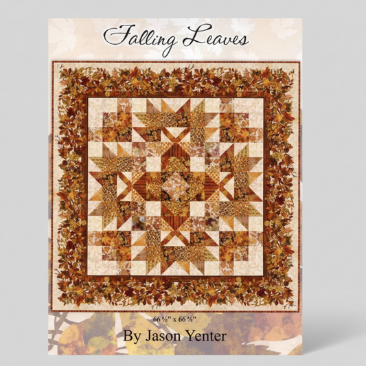 Quilt pattern cover titled 'Falling Leaves' by Jason Yenter with a star quilt design.