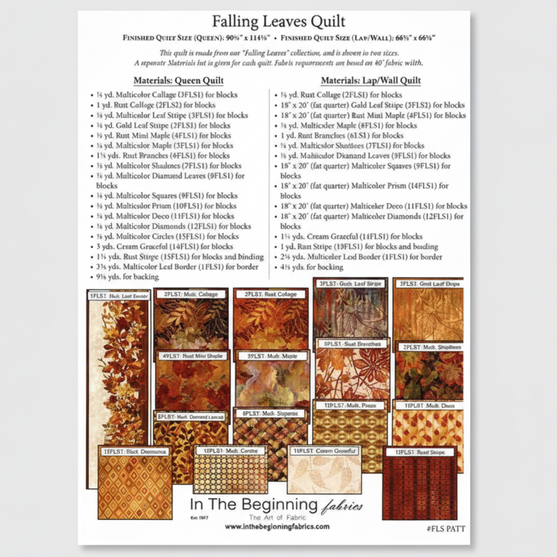 Falling Leaves Quilt pattern with fabric swatches and material list on a white background