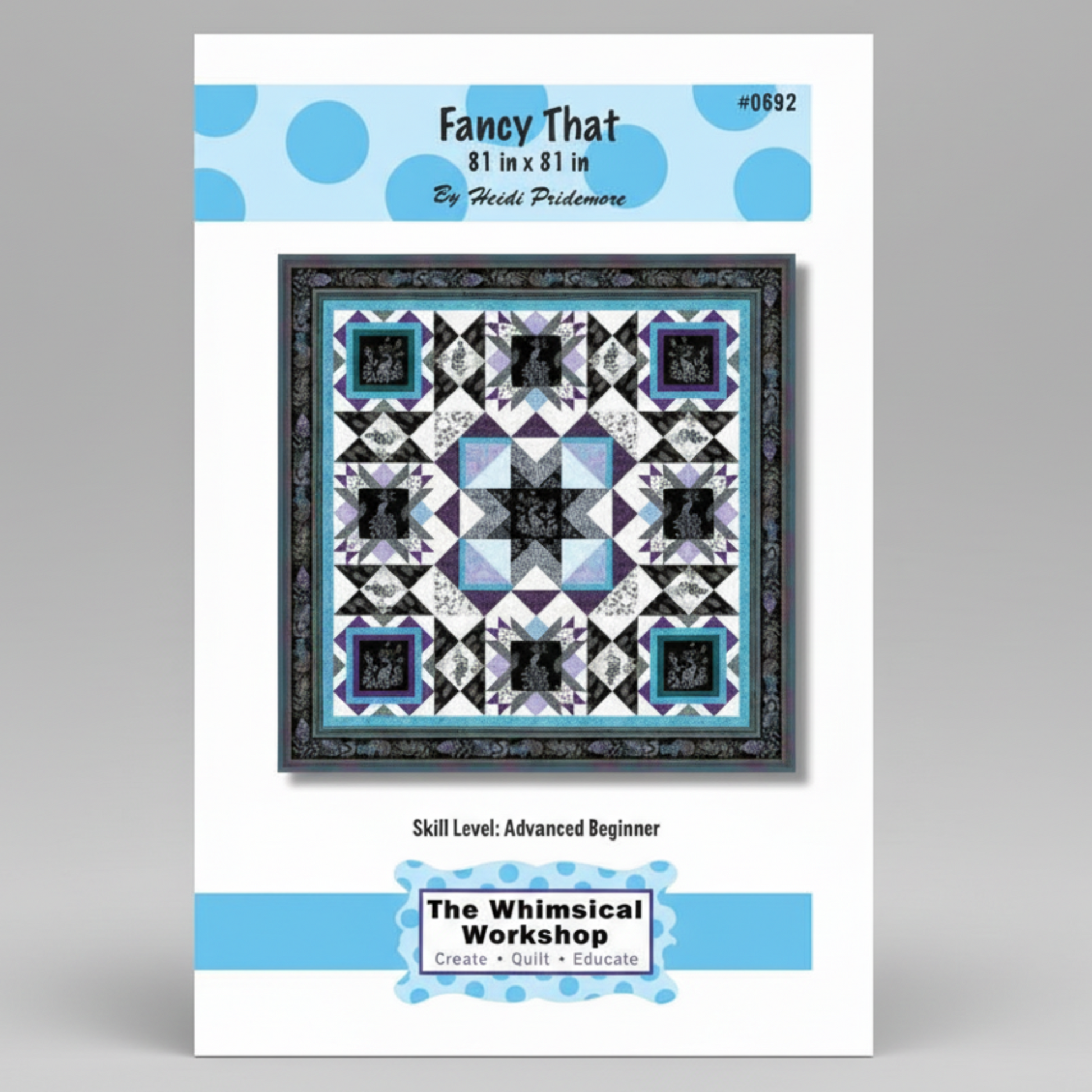Quilt pattern packaging with a star-shaped quilt design on a white background