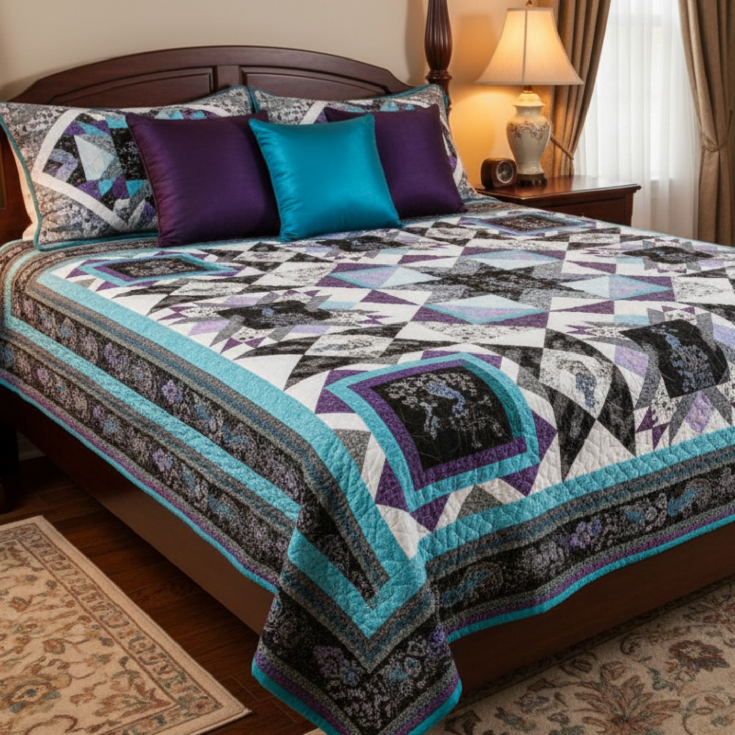 Bed with a patchwork quilt and decorative pillows in a bedroom setting.