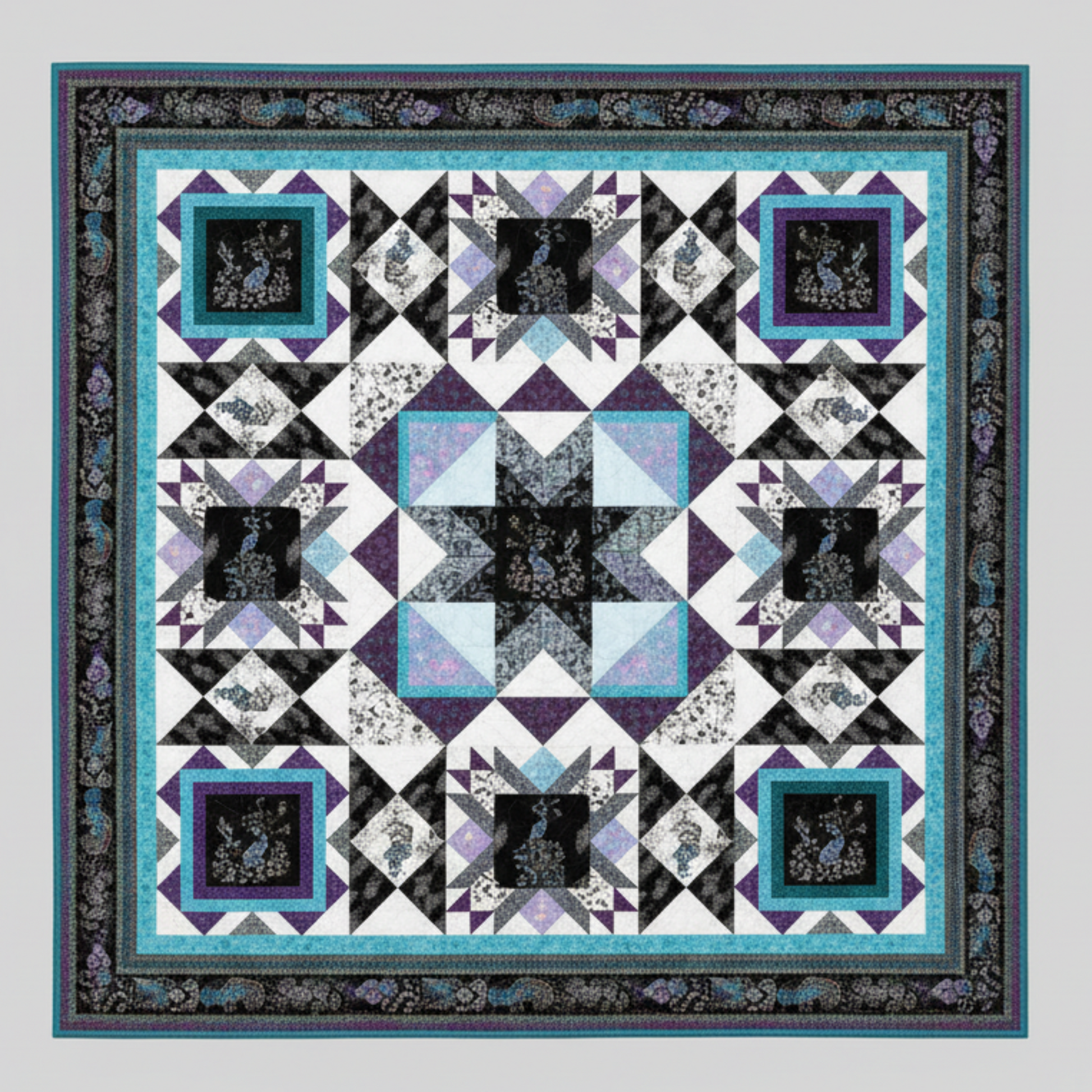Quilt with geometric pattern featuring squares and triangles in black, white, and blue on a gray background