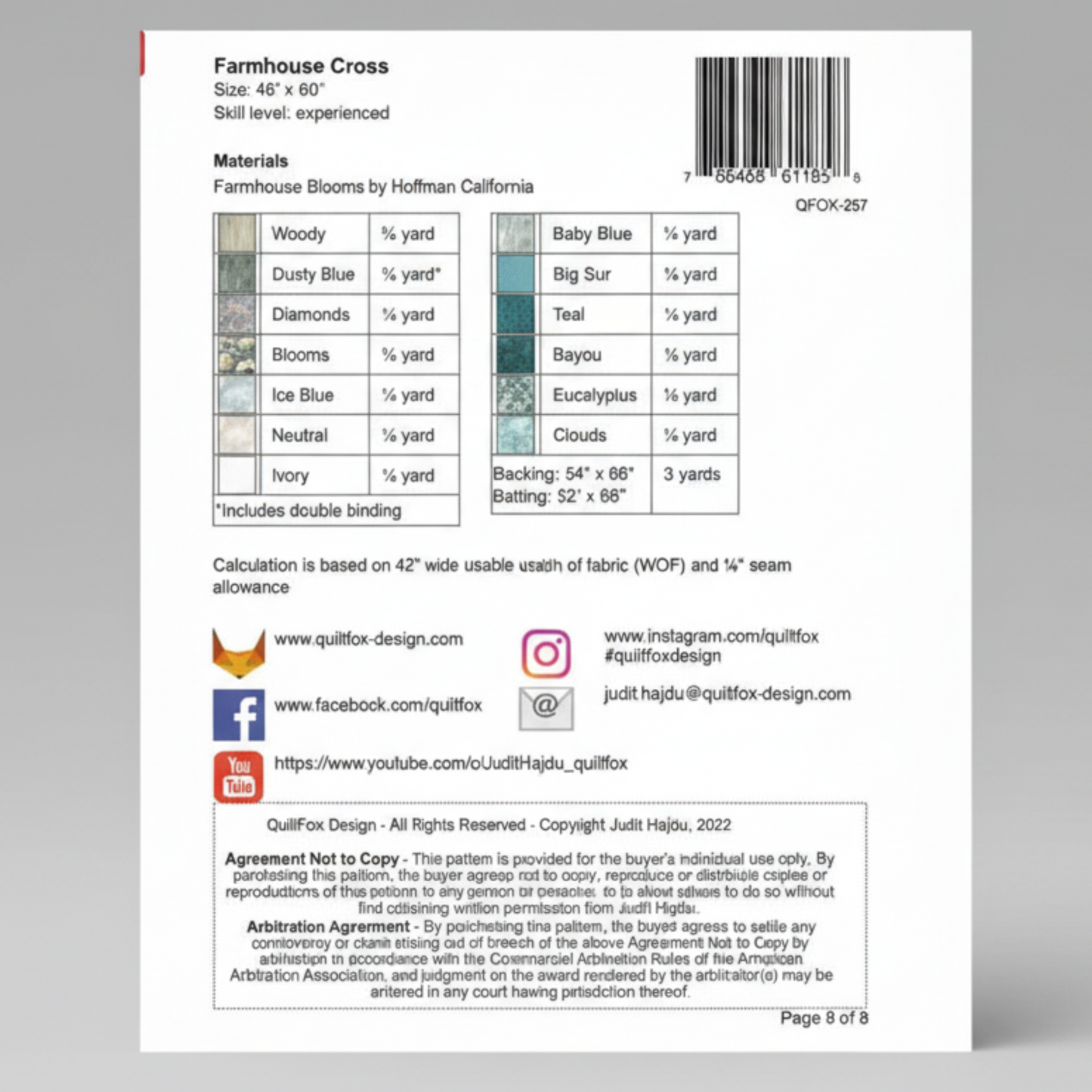 Patterned fabric design sheet with text and color swatches on a white background