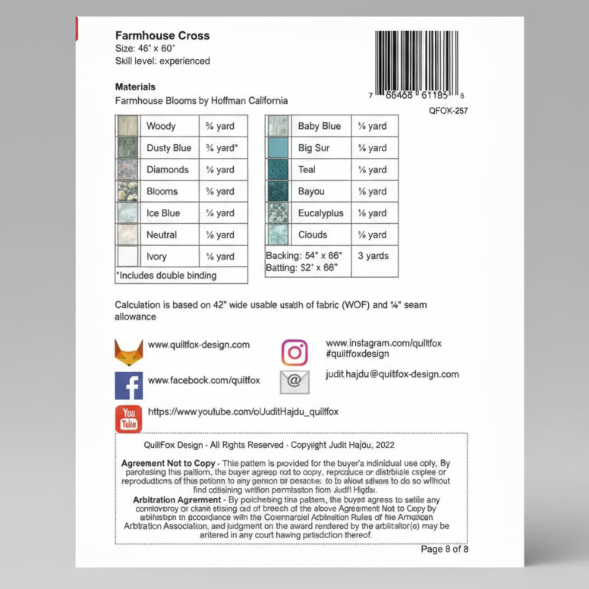 Patterned fabric design sheet with text and color swatches on a white background