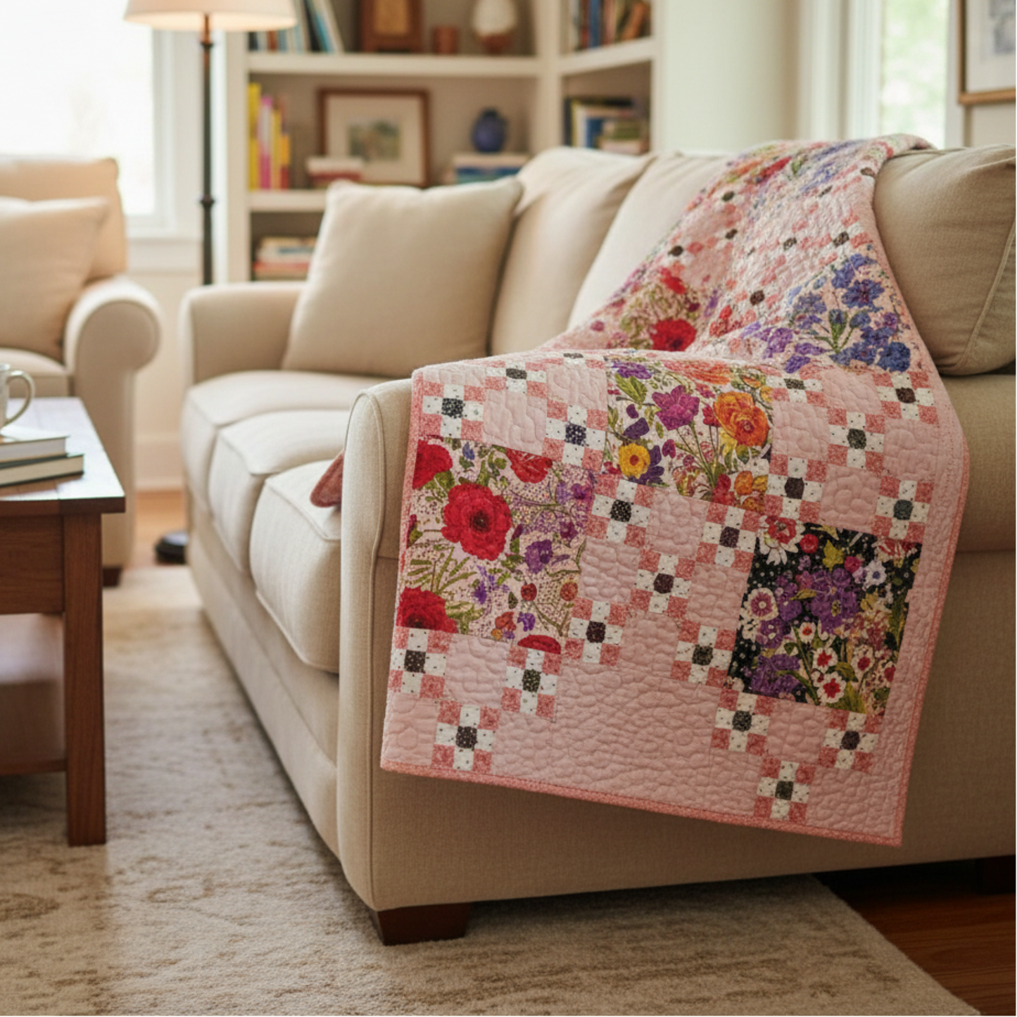 Floral quilt draped over a beige sofa in a living room setting.