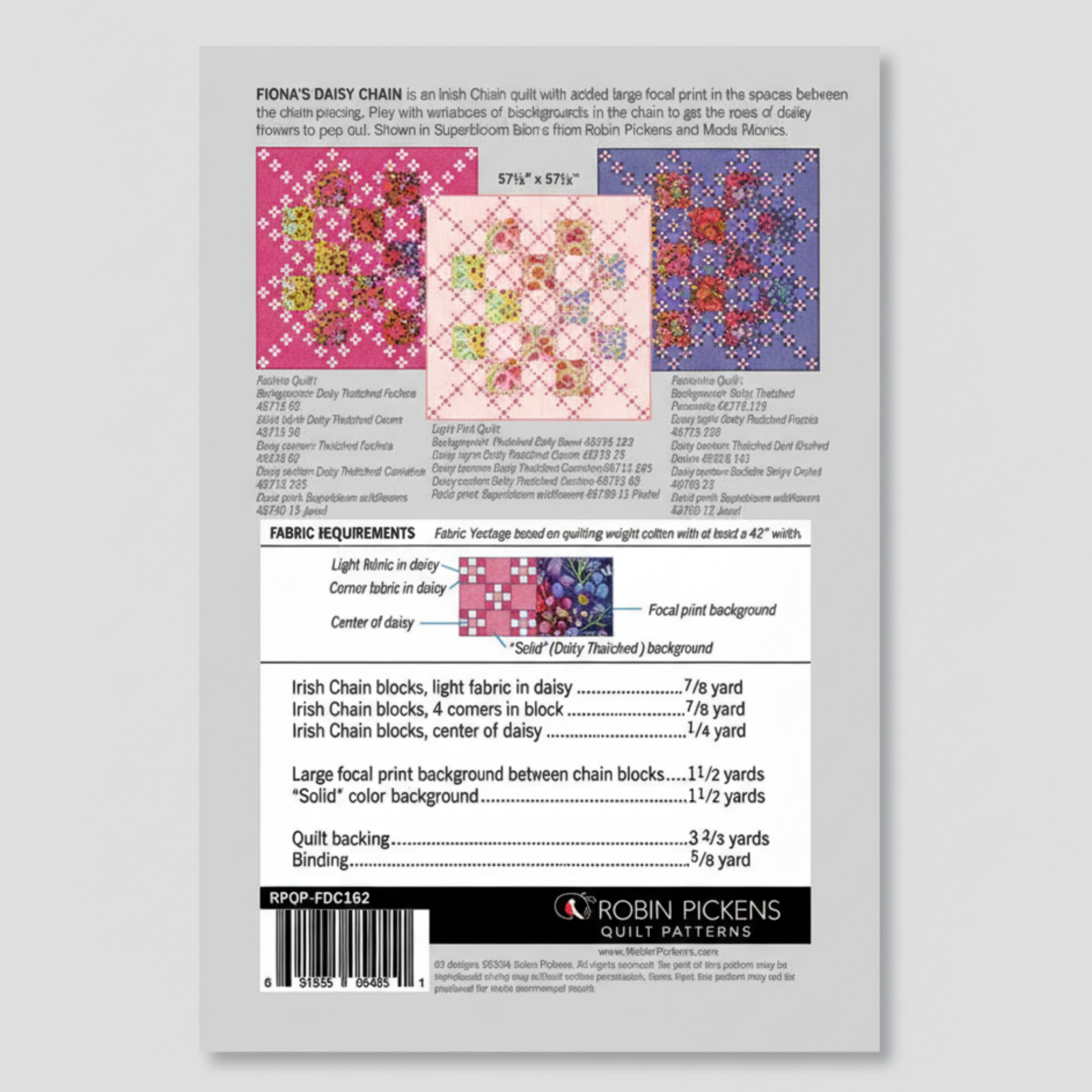 Quilt pattern sheet with fabric requirements and design samples on a black background