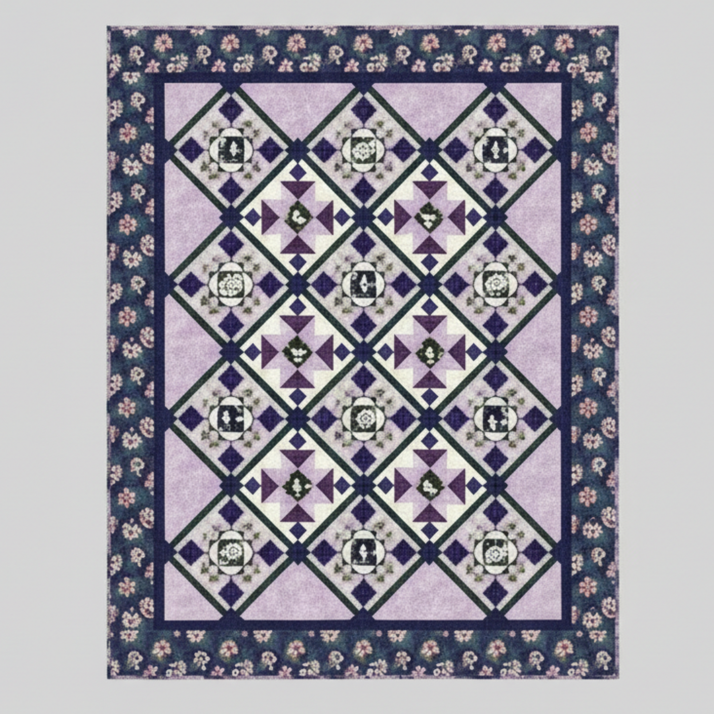 Quilt with geometric pattern on a gray background