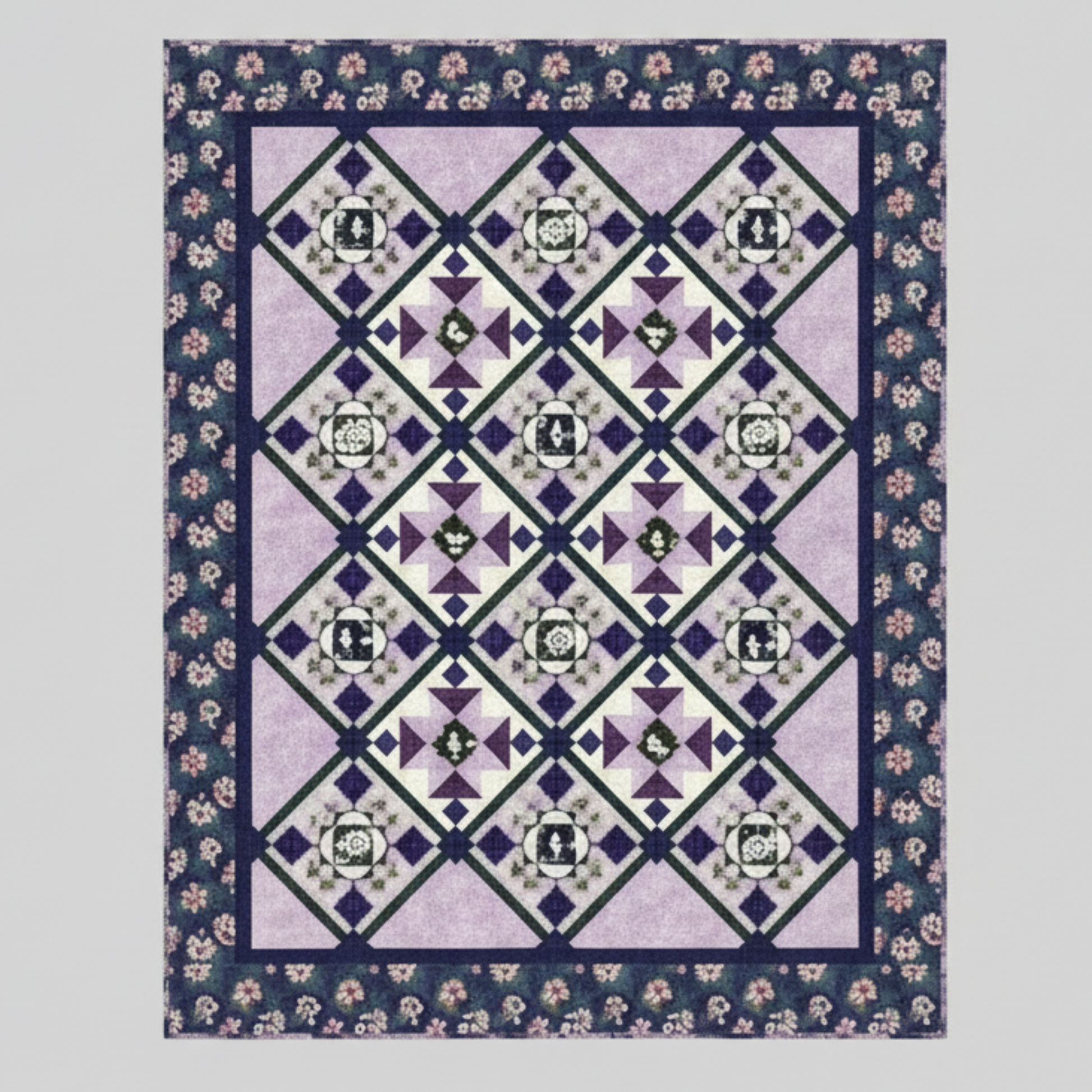 Quilt with geometric pattern on a gray background