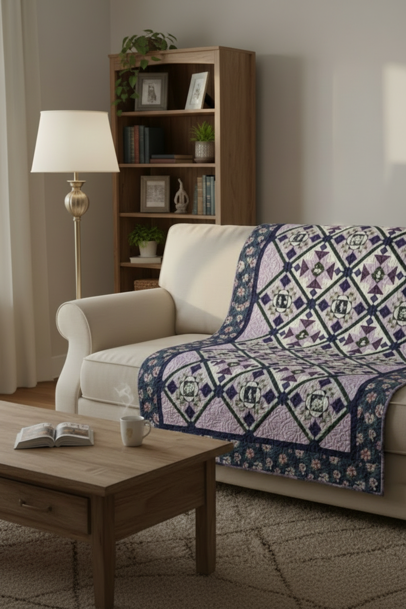 Beige sofa with a patterned quilt draped over it in a living room setting.