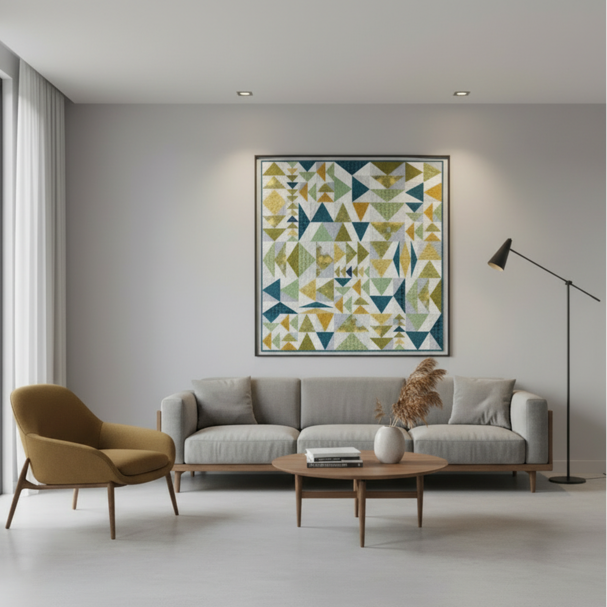 Modern living room with a gray sofa, yellow armchair, and geometric art on the wall.
